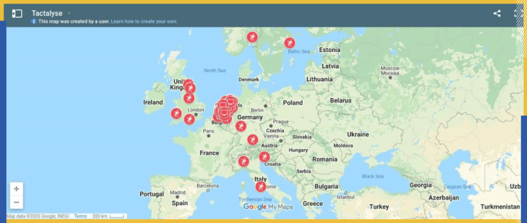 خريطة انتشار شركة "Tactalyse" في أوروبا حاليا عبر اللاعبين المعلنين بجانب ورش العمل