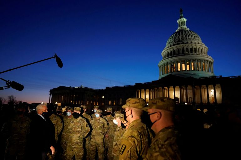 Vice President Mike Pence speaks to National Guard troops outside the U.S. Capitol,