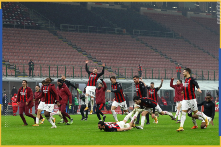 MILAN, ITALY - DECEMBER 23: AC Milan players celebrate victory following the Serie A match between AC Milan and SS Lazio at Stadio Giuseppe Meazza on December 23, 2020 in Milan, Italy. Sporting stadiums around Italy remain under strict restrictions due to the Coronavirus Pandemic as Government social distancing laws prohibit fans inside venues resulting in games being played behind closed doors. (Photo by Marco Luzzani/Getty Images)