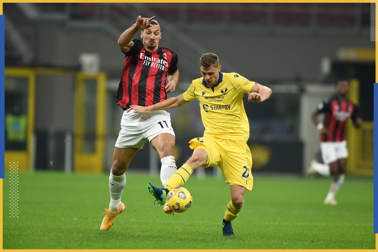 AC Milan vs Hellas Verona FC: Serie A - - MILANO, ITALY - NOVEMBER 08: Zlatan Ibrahimovic (L) of AC Milan in action against Pawel Dawidowicz (R) of Hellas Verona FC during the Serie A match between AC Milan and Hellas Verona FC at Giuseppe Meazza Stadium in Milano, Italy on November 8, 2020.
