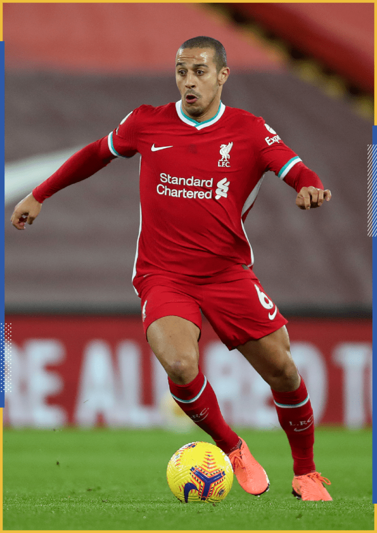 LIVERPOOL, ENGLAND - FEBRUARY 03: Thiago Alcantara of Liverpool in action during the Premier League match between Liverpool and Brighton & Hove Albion at Anfield on February 03, 2021 in Liverpool, England. Sporting stadiums around the UK remain under strict restrictions due to the Coronavirus Pandemic as Government social distancing laws prohibit fans inside venues resulting in games being played behind closed doors. (Photo by Clive Brunskill/Getty Images)