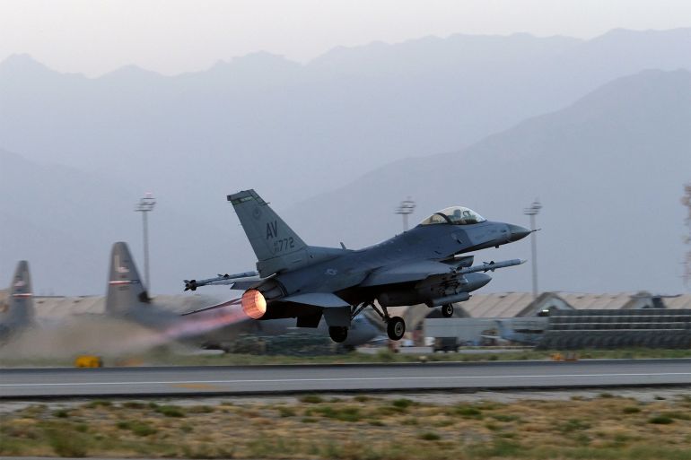 A US Air Force F-16 Fighting Falcon aircraft takes off for a nighttime mission at Bagram Airfield, Afghanistan, August 22, 2017. Thomson Reuters