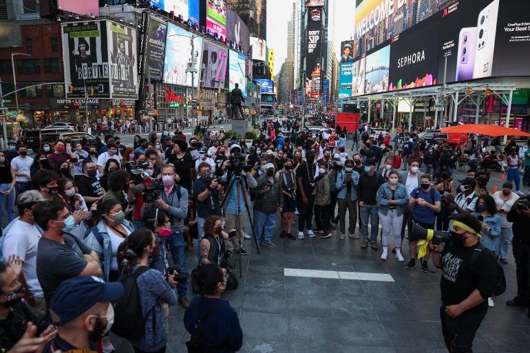 People gathered at Times Square after Derek Chauvin verdict