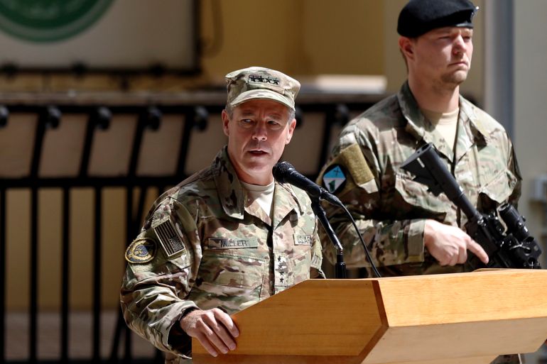 Incoming Commander of Resolute Support forces and command of NATO forces in Afghanistan, U.S. Army General Scott Miller speaks during a change of command ceremony in Resolute Support headquarters in Kabul, Afghanistan