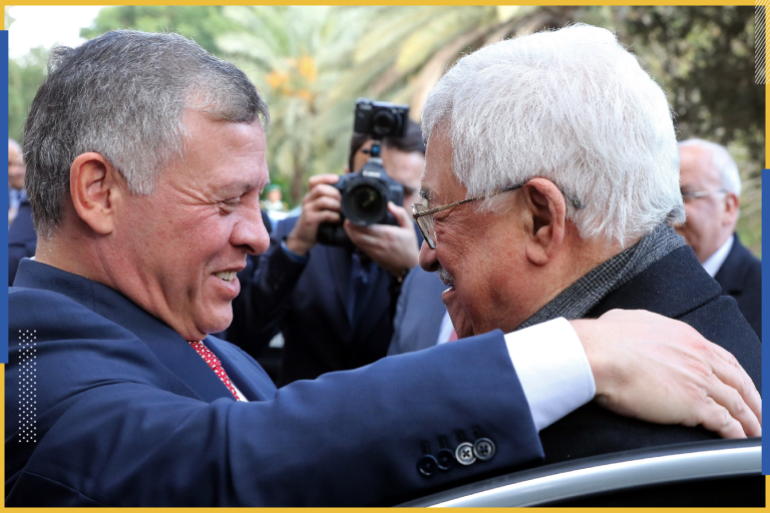 AMMAN, JORDAN - DECEMBER 7: Jordan's King Abdullah II (L) welcomes Palestinian president Mahmud Abbas at the Royal Palace in Amman on 7 December, 2017. (Photo by KHALIL MAZRAAWI-Pool/Getty Images)