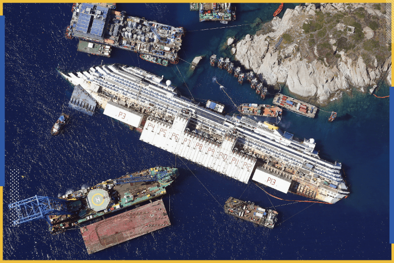 An aerial view shows the Costa Concordia as it lies on its side next to Giglio Island taken from an Italian navy helicopter August 26, 2013. The wrecked Costa Concordia cruise ship could be upright again next week, nearly two years after the liner capsized and killed at least 30 people off the Italian coast. The giant vessel, which has lain partly submerged in shallow waters off the Tuscan island of Giglio since the accident in January 2012, will be rolled off the seabed and onto underwater platforms. Picture taken August 26, 2013. (ITALY - Tags: MARITIME DISASTER TRANSPORT) FOR BEST QUALITY IMAGE SEE:GM1E9AE1LQF01