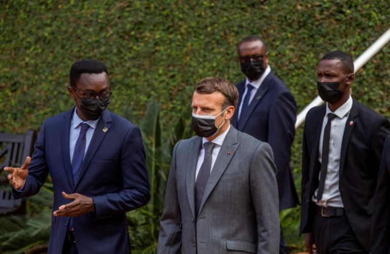 French President Emmanuel Macron visits genocide memorial centre in Gisozi, Kigali