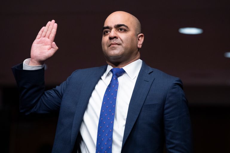 epa09165839 Zahid N. Quraishi, nominee to be US District Judge for the District of New Jersey, is sworn into the Senate Judiciary Committee confirmation hearing in Dirksen Senate Office Building in Washington, DC, USA, 28 April 2021. EPA-EFE/Tom Williams / POOL