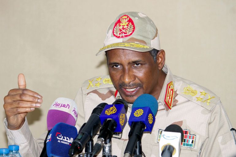 Lieutenant General Mohamed Hamdan Dagalo, deputy head of the military council and head of the RSF, addresses a news conference in Juba