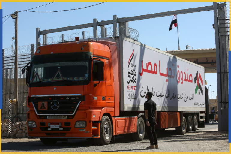 Egypt sends aid to Gaza- - RAFAH, GAZA - MAY 23: Trucks carrying aids for Palestinians cross Rafah Crossing Point in Rafah, Gaza on May 23, 2021.