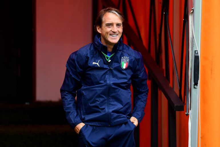Italy Training Session and Press Conference - UEFA Euro 2020: Semi-final LONDON, ENGLAND - JULY 05: Roberto Mancini, Head Coach of Italy reacts during the Italy Training Session ahead of the Euro 2020 Semi-Final match between Italy and Spain at The Hive Transfer Training Centre on July 05, 2021 in London, England. (Photo by Claudio Villa/Getty Images)
