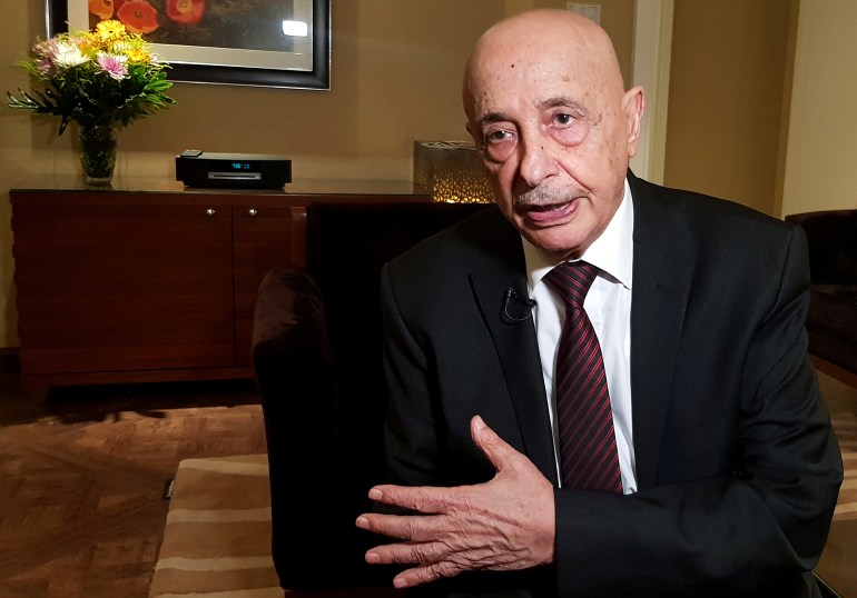 Aguila Saleh, Head of East Libya Parliament, speaks during an interview with Reuters in Cairo