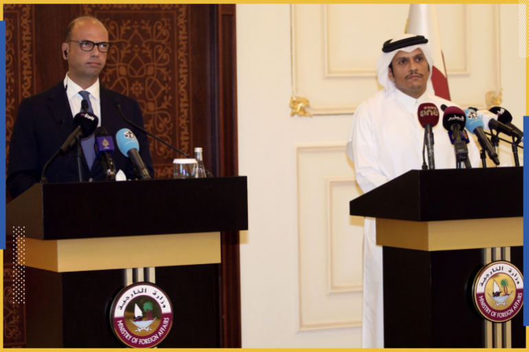 Italian foreign minister Angelino Alfano and Qatar's foreign minister Sheikh Mohammed bin Abdulrahman al-Thani attend a joint news conference in Doha, Qatar, August 2, 2017. REUTERS/Naseem Zeitoon