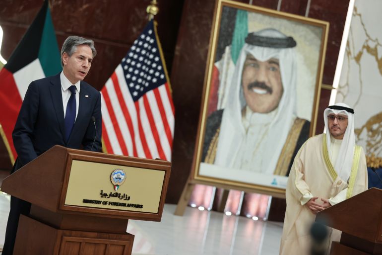 Kuwaiti Foreign Minister Sheikh Ahmad Nasser Al-Mohammad Al-Sabah and U.S. Secretary of State Blinken hold a news conference in Kuwait City