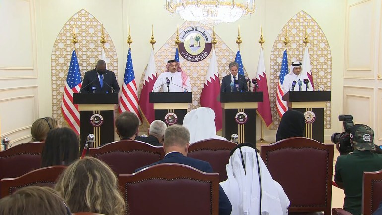 صورة من المؤتمر الصحفي لوزيري خارجية قطر والولايات المتحدة