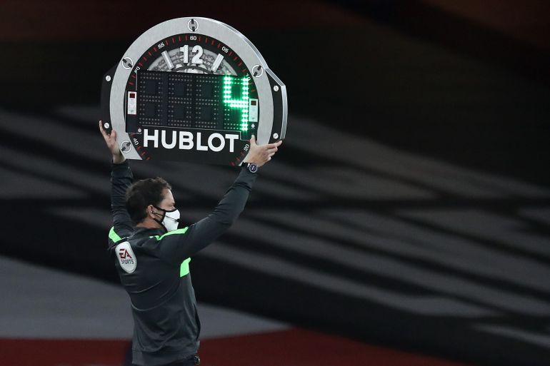 Arsenal v West Ham United - Premier League LONDON, ENGLAND - SEPTEMBER 19: Added time on the Hublot board is displayed during the Premier League match between Arsenal and West Ham United at Emirates Stadium on September 19, 2020 in London, England. (Photo by Julian Finney/Getty Images)