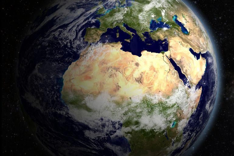 مجسم ثلاثي الأبعاد لكوكب الأرض من الفضاء بلونه الأزرق - غيتي Earth from space 3D rendering