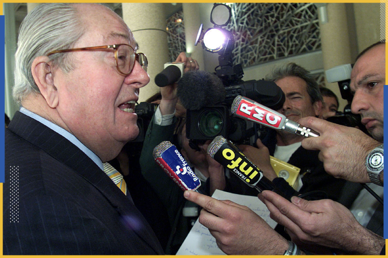 French far-right leader Jean-Marie Le Pen talks to the press as he arrives at the Regional Council of southern Provence-Alpes- Cote d'Azur region in Marseille March 17. Le Pen was officialy notified by the regional government representative that he had lost his seat following his 1998 conviction for assaulting a woman politician during the 1997 general election in France.