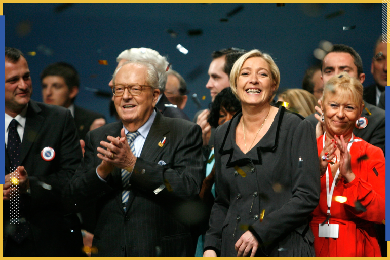 TOURS, FRANCE - JANUARY 16: Jean-Marie Le Pen and Marine Le Pen salute their supporters at the end of a conference where the French nationalist party, Front National, elected its new leader on January 16, 2011 in Tours, France. Marine Le Pen, 42, daughter of outgoing leader Jean-Marie Le Pen, has been elected to lead the party with a 67% majority, beating 60-year-old Bruno Gollnisch. (Photo by Patrick Durand/Getty Images)