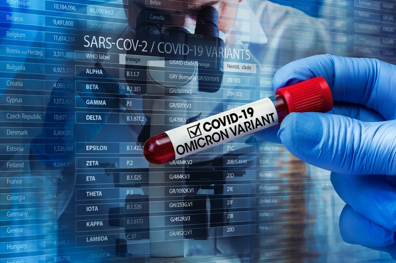 Researcher with blood sample of New Variant of the Covid-19 Omicron B.1.1.529 and generic data of covid-19 Coronavirus Mutations. Doctor in analysis lab holding sample of new strain of covid Omicron