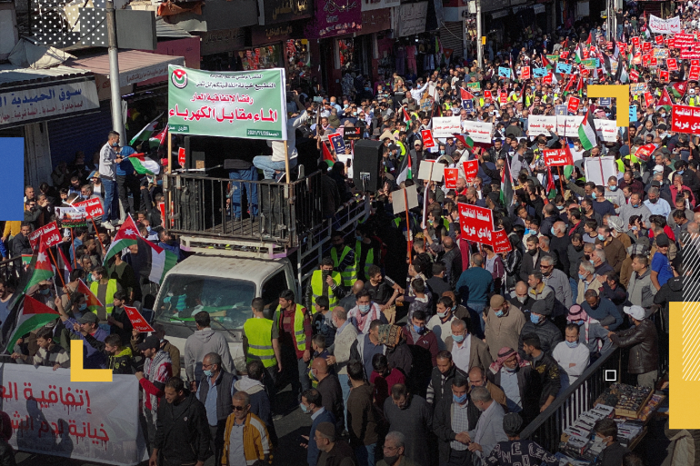 Protest in Jordan- - AMMAN, JORDAN - DECEMBER 3: Hundreds of Jordanese gather in front of the Al-Husayni Mosque, upon the call of the parties and unions in Jordan, protesting the "water for energy" deal with Israel, in Amman, Jordan on December 3, 2021.