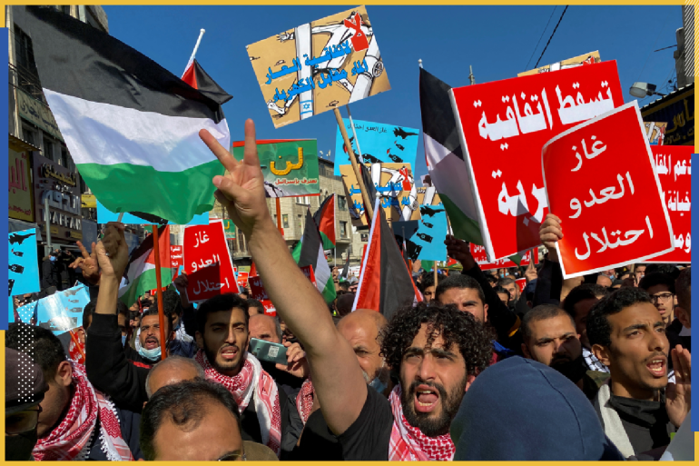 Protest in Jordan- - AMMAN, JORDAN - DECEMBER 3: Hundreds of Jordanese gather in front of the Al-Husayni Mosque, upon the call of the parties and unions in Jordan, protesting the "water for energy" deal with Israel, in Amman, Jordan on December 3, 2021.