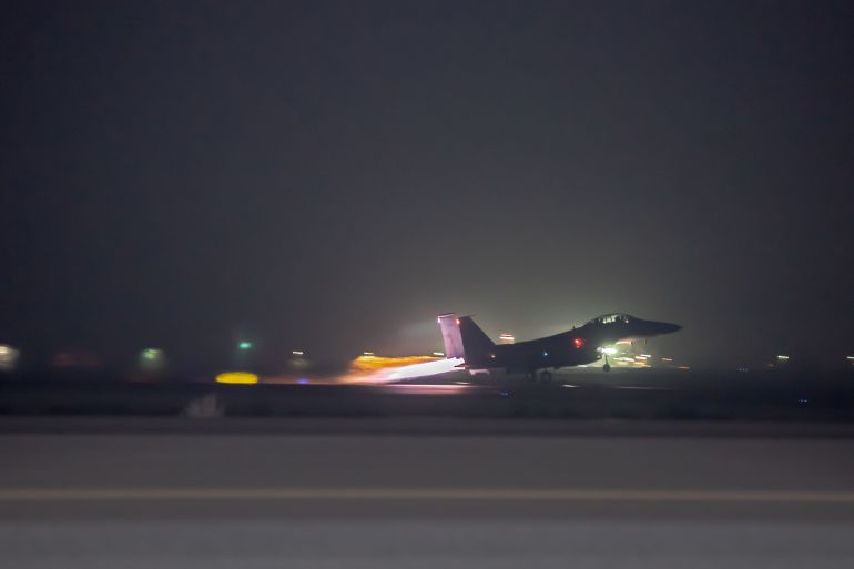 An F-15E Strike Eagle from the 336th Expeditionary Fighter Squadron takes off from Al Dhafra Air Base in Abu Dhabi