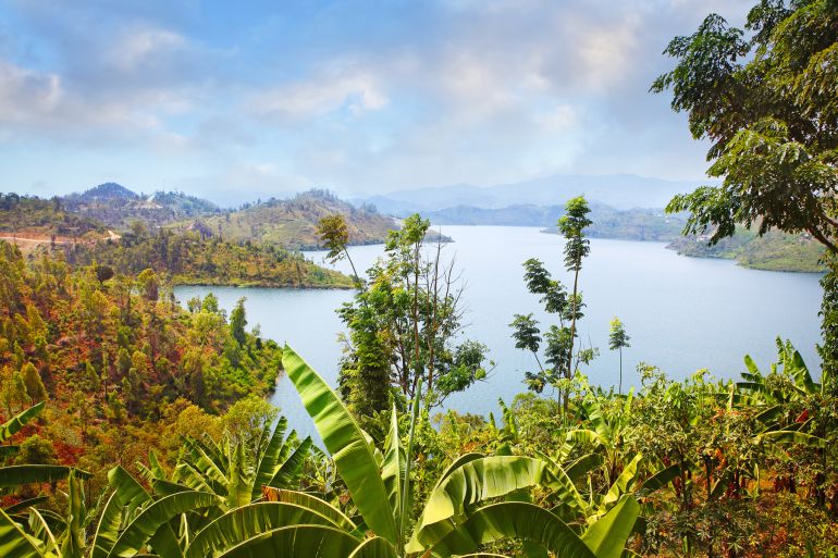 View of Lake Kivu on the border between the Democratic Republic of the Congo and Rwanda