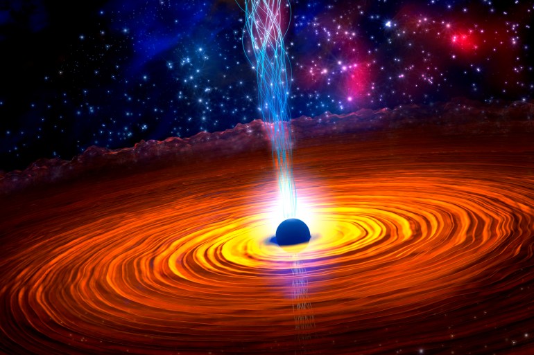 Black hole created after a supernova, with astrophysical jet, 3d illustration.
