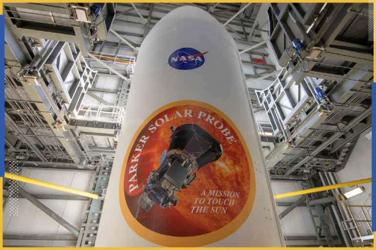 The United Launch Alliance Delta IV Heavy rocket payload fairing is seen with the NASA and Parker Solar Probe emblems, at Launch Complex 37, Cape Canaveral Air Force Station, Florida, U.S., August 8, 2018. Parker Solar Probe will travel through the Sun’s atmosphere, closer to the surface than any spacecraft before it. Courtesy Bill Ingalls/NASA/Handout via REUTERS ATTENTION EDITORS - THIS IMAGE HAS BEEN SUPPLIED BY A THIRD PARTY. MANDATORY CREDIT.