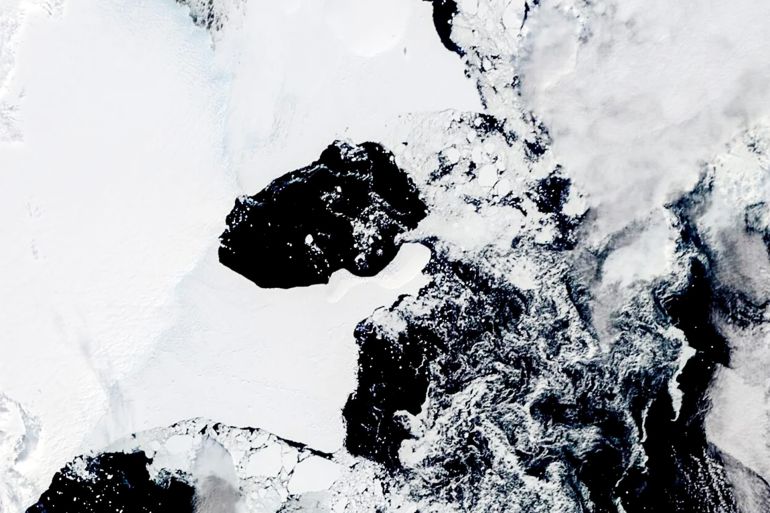 This satellite image provided by NASA, Terra MODIS 22 on February 2022 shows The Conger/Glenzer (Bowman Island) ice shelf and associated fast ice pre-collapse. Scientists are concerned because an ice shelf the size of New York City collapsed in East Antarctica, an area that had long been thought to be stable. The collapse last week was the first time scientists have ever seen an ice shelf collapse in this cold area of Antarctica.(NASA via AP)
