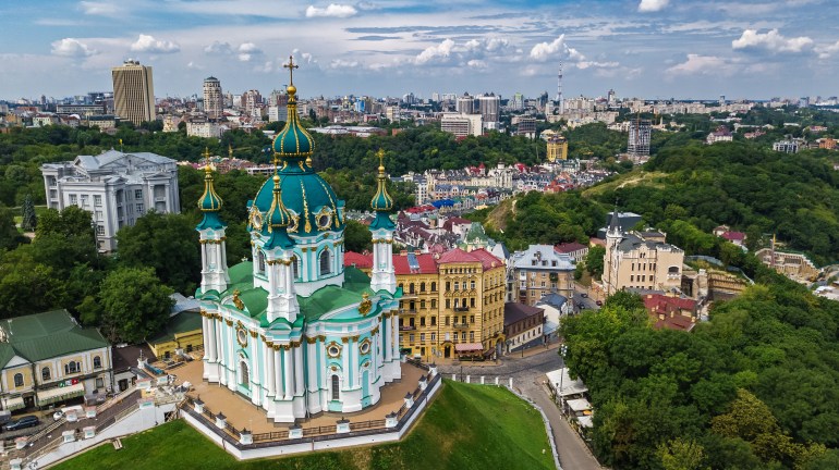 Aerial top view of Saint Andrew's church and Andreevska street from above, cityscape of Podol district, city of Kiev (Kyiv), Ukraine ; Shutterstock ID 750635461; purchase_order: ajnet; job: ; client: ; other: