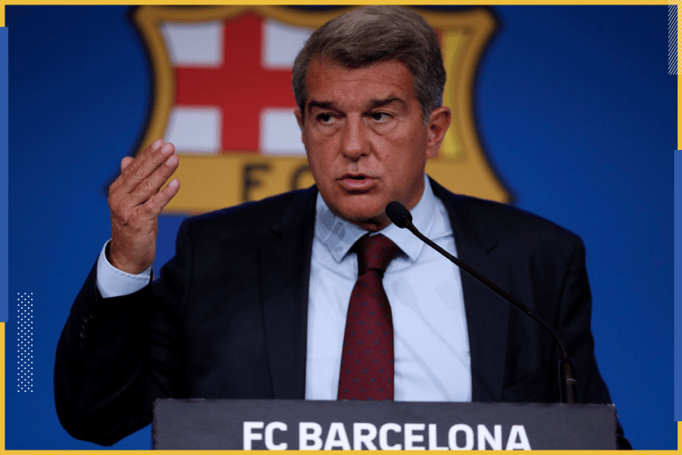 epa09399912 Barcelona's FC President Joan Laporta addresses a press conference to explain the reason why Argentine forward Lionel Messi will not extend his contract with the team in Barcelona, Spain, 06 August 2021. FC Barcelona issued a statement on 05 August announcing Argentinian striker Lionel Messi will not extend his contract with the team due to 'economic and structural obstacles'. EPA-EFE/ALEJANDRO GARCIA