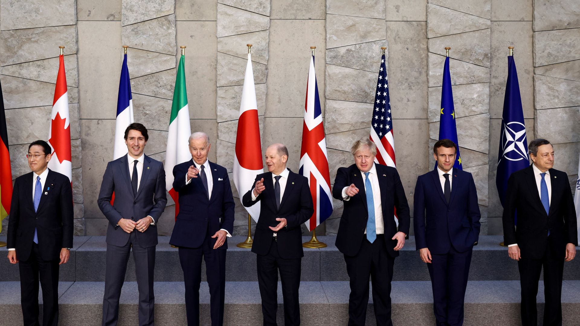 BRUSSELS, BELGIUM - MARCH 24: (L-R) Japanese Prime Minister Fumio Kishida, Canadian Prime Minister Justin Trudeau, U.S. President Joe Biden, German Chancellor Olaf Scholz, Great Britain Prime Minister Boris Johnson, French President Emmanuel Macron and Italian Prime Minister Mario Draghi pose at the G7 summit March 24, 2022 in Brussels, Belgium. (Photo by Henry Nicholls-WPA Pool/Getty Images)