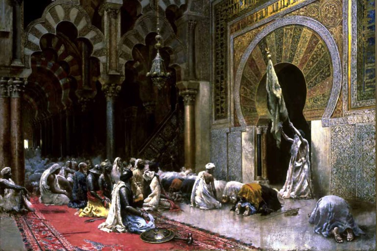 This work, set in the 8th-century Great Mosque of Cordova in Spain may have been begun in 1880 while Weeks was staying in that city. In Weeks' estate sale catalogue, the scene was described as follows: Preaching the holy war against the Christians, the old Moor holds aloft the green flag of Mohammed while he curses the "dogs of Christians" with true religious fervor, and calls upon the followers of Mohammed to drive them out of Spain.