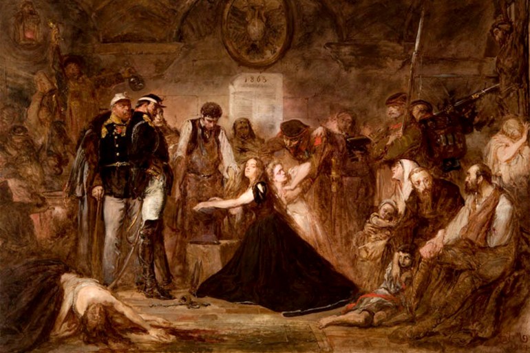 ‘Polonia (Poland), 1863’, by Jan Matejko, 1864. Pictured is the aftermath of the failed January 1863 Uprising. Captives await transportation to Siberia. Russian officers and soldiers supervise a blacksmith placing shackles on a woman (Polonia). The blonde girl next to her represents Lithuania. الحقوق: public domain 1863–1864 Uprising, drawing by Artur Grottger الحقوق: public domain https://www.lrt.lt/en/news-in-english/19/1118227/reburial-of-1863-uprising-leaders-pivotal-moment-in-relations-of-lithuania-poland-and-belarus