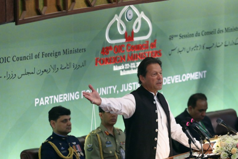 Pakistan’s Prime Minister Imran Khan gives the keynote speech at the 48th meeting of the OIC, Council of Foreign Ministers, in Islamabad