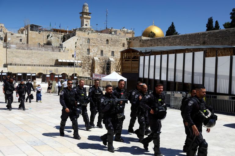 Israeli security forces patrol the area next to Western Wall, Judaism's holiest prayer site and the compound that houses Al-Aqsa Mosque, known to Muslims as Noble Sanctuary and to Jews as Temple Mount, following clashes on the compound