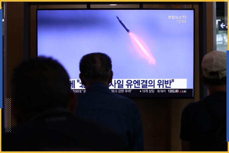 SEOUL, SOUTH KOREA - OCTOBER 02: People watch a TV showing a file image of a North Korean missile launch at the Seoul Railway Station on October 02, 2019 in Seoul, South Korea. North Korea fired what was believed to be a submarine-launched ballistic missile (SLBM) from waters off its east coast, South Korea's military said, demonstrating its nuclear delivery capabilities just days before resuming denuclearization talks with the United States. (Photo by Chung Sung-Jun/Getty Images)