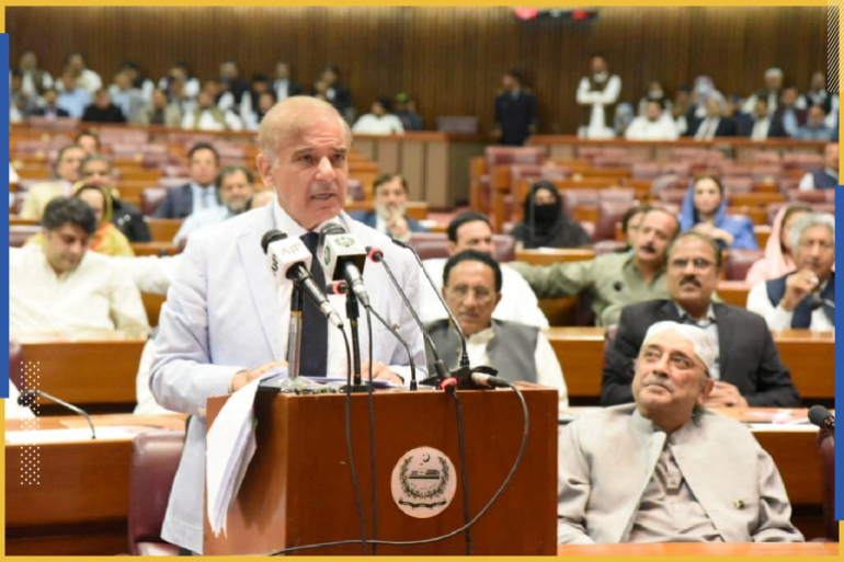 Pakistan's prime minister-elect Shehbaz Sharif speaks after winning a parliamentary vote to elect a new prime minister, at the national assembly, in Islamabad, Pakistan April 11, 2022. Press Information Department (PID)/Handout via REUTERS ATTENTION EDITORS - THIS PICTURE WAS PROVIDED BY A THIRD PARTY.