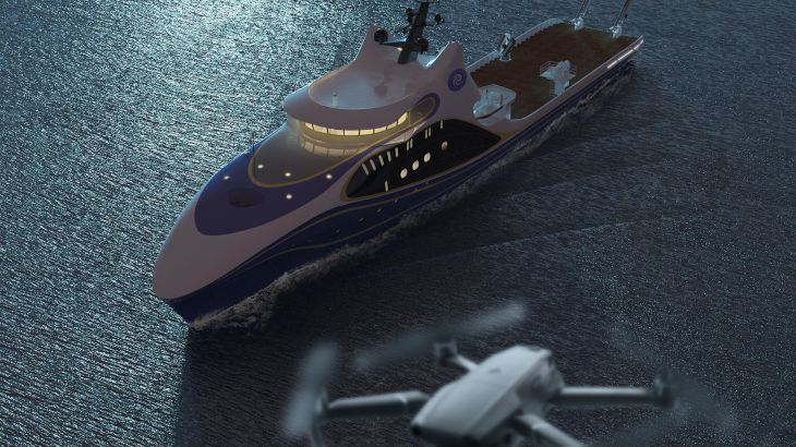 A rendering of the ship shows that it's accompanied by a drone, August 10, 2021. /Tsinghua University