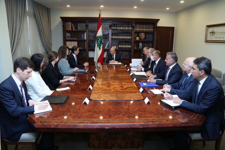 Lebanese President Michel Aoun meets with U.S. Senior Advisor for Energy Security Amos Hochstein at the presidential palace in Baabda