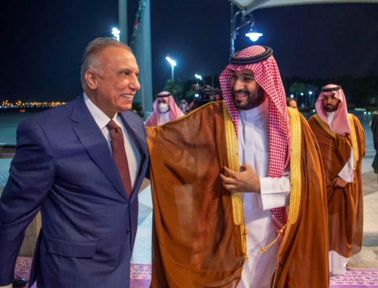 Saudi Crown Prince Mohammed bin Salman meets with Iraqi Prime Minister Mustafa Al-Kadhimi, upon his arrival in Jeddah, Saudi Arabia