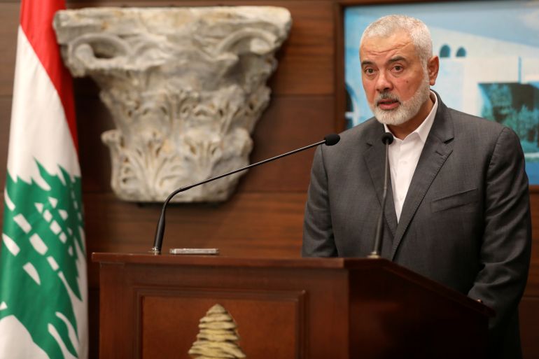 Palestinian group Hamas' top leader Ismail Haniyeh talks after meeting with Lebanon's President Michel Aoun, in Baabda