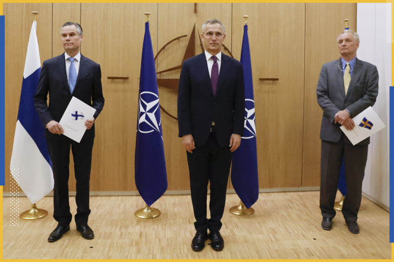epa09954351 (L-R) Finland's Ambassador to NATO Klaus Korhonen, NATO Secretary-General Jens Stoltenberg and Sweden's Ambassador to NATO Axel Wernhoff attend a ceremony to mark Sweden's and Finland's application for membership in Brussels, Belgium, 18 May 2022. Finland and Sweden are applying for NATO membership as a result of Russia's invasion of Ukraine. The move would bring the expansion of the Western military alliance to 32 member countries. EPA-EFE/JOHANNA GERON / POOL