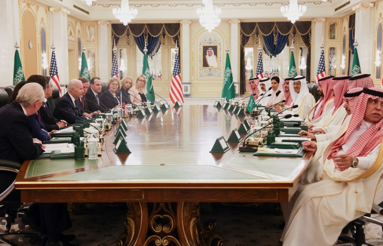 U.S. President Joe Biden participates in a bilateral meeting with Saudi Arabia's Crown Prince Mohammed bin Salman, at Al Salam Royal Palace, in Jeddah, Saudi Arabia July 15, 2022. REUTERS/Evelyn Hockstein REFILE-QUALITY REPEAT