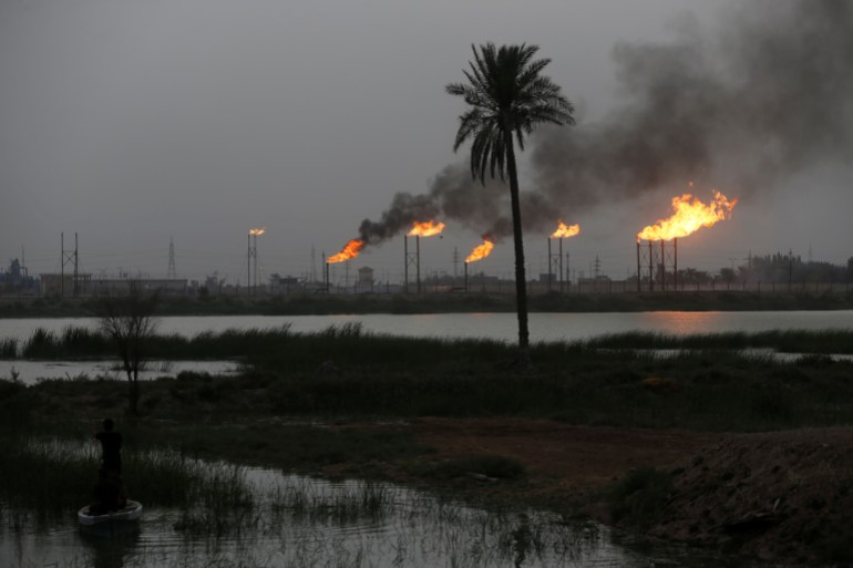 Flames rise from oil refinery pipes in Basra, Iraq July 23, 2020. Picture taken July 23, 2020. REUTERS/Essam al-Sudani