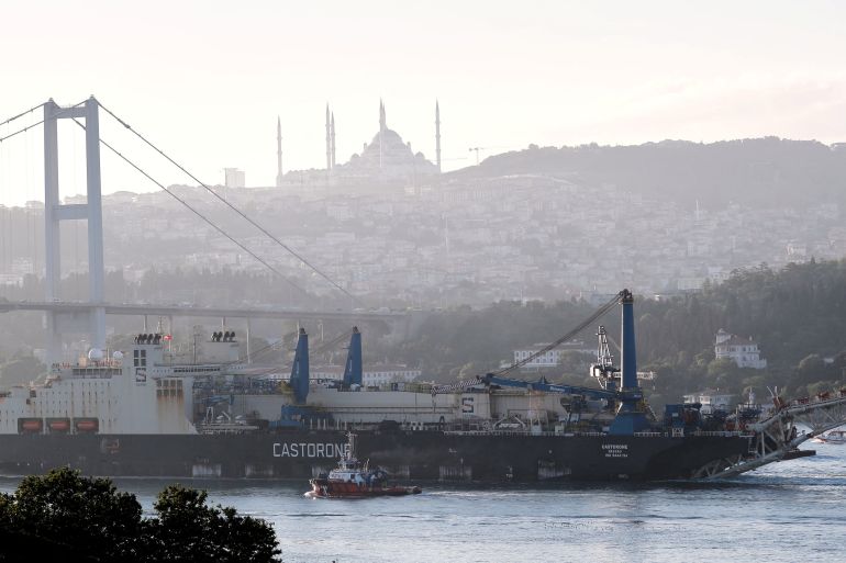 Saipem's pipelay vessel Castorone sails in Istanbul's Bosphorus