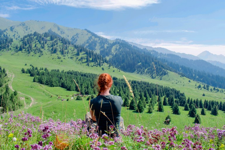 Redhead woman in a dark green t-shirt sits amid the field full of wild flowers in the high mountain area, her face towards the mountains and the fir-tree forest. Girl resting at the flower field.