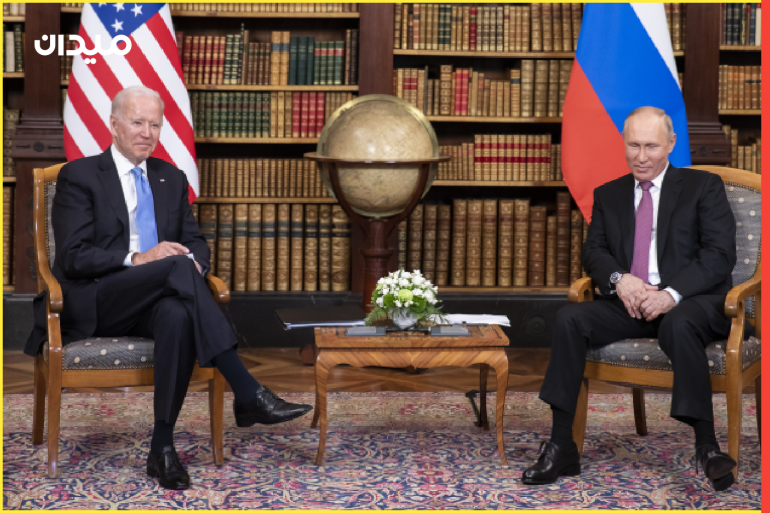 epa09277245 US President Joe Biden and Russian President Vladimir Putin during the US-Russia summit in Geneva, Switzerland, 16 June 2021. EPA-EFE/PETER KLAUNZER